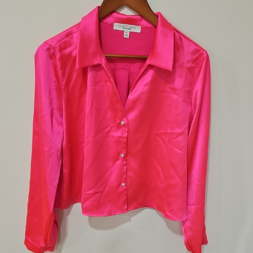 Sweet Rain Pink Button Down Shirt with Notched Collar